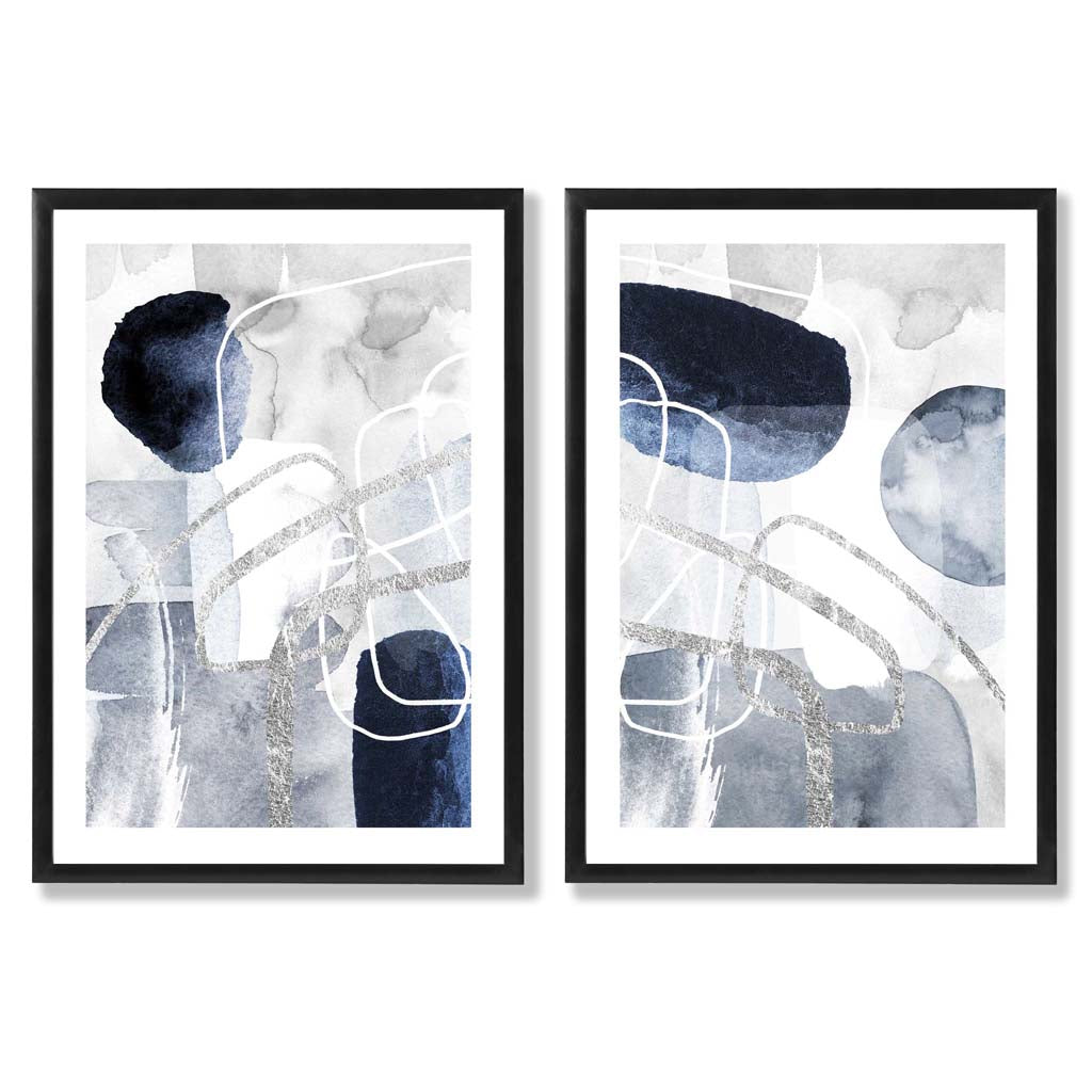 Set aus 2 gerahmten Kunstdrucken mit abstrakten Formen in Blau und Silber