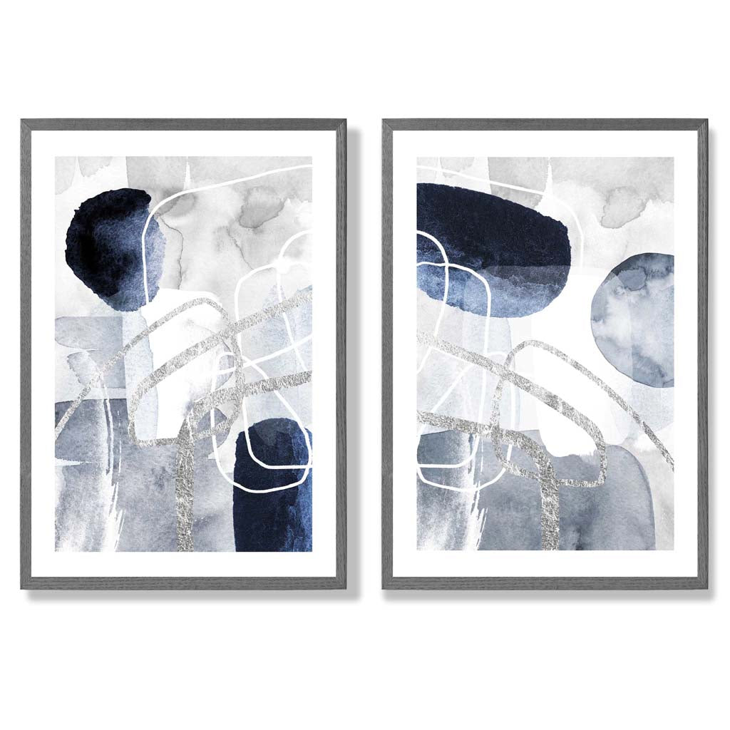 Set aus 2 gerahmten Kunstdrucken mit abstrakten Formen in Blau und Silber
