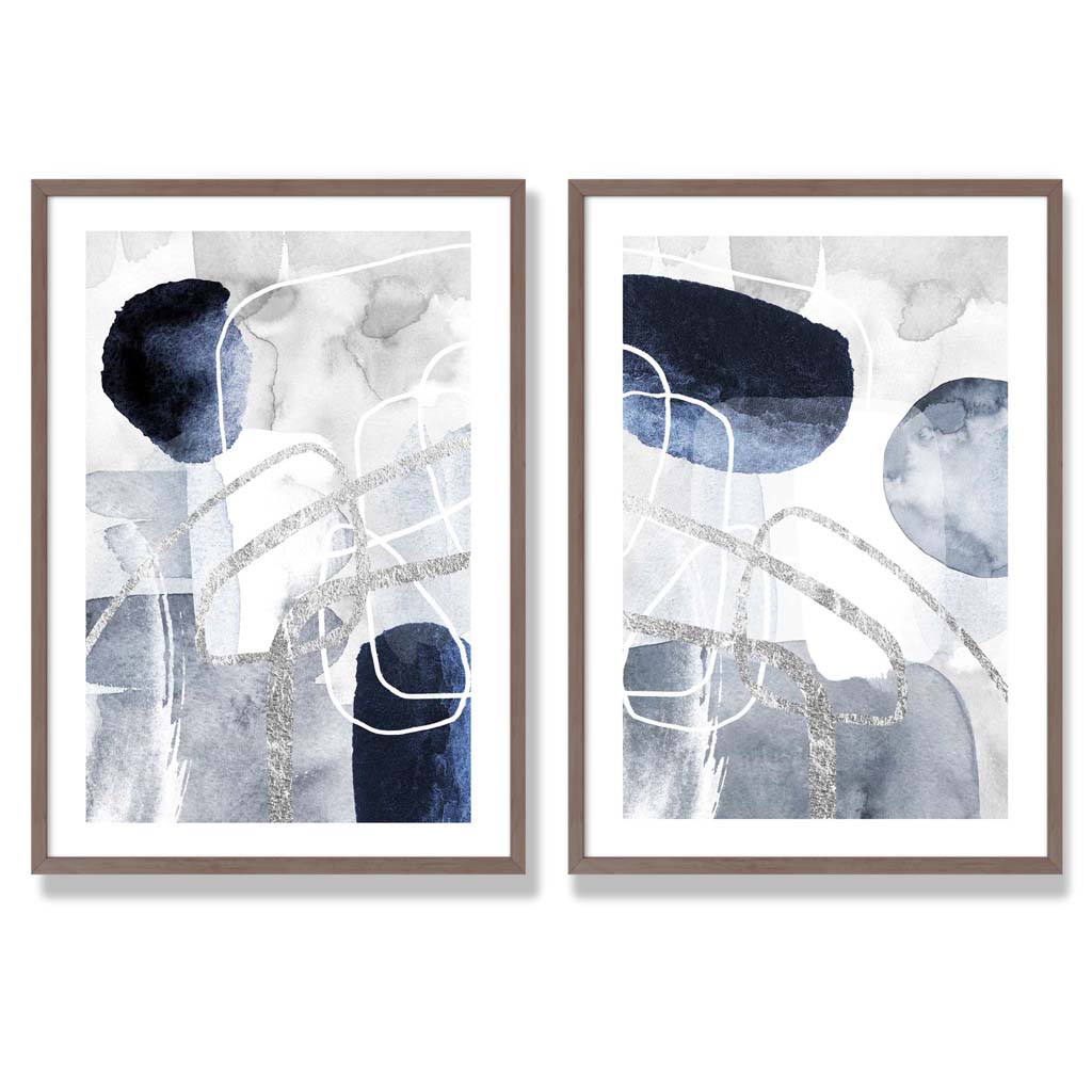 Set aus 2 gerahmten Kunstdrucken mit abstrakten Formen in Blau und Silber