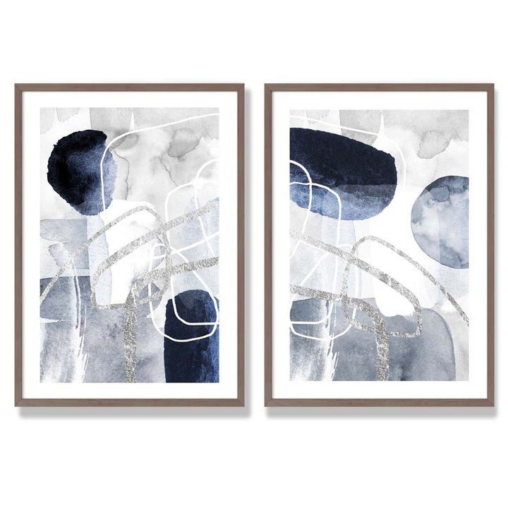 Set aus 2 gerahmten Kunstdrucken mit abstrakten Formen in Blau und Silber