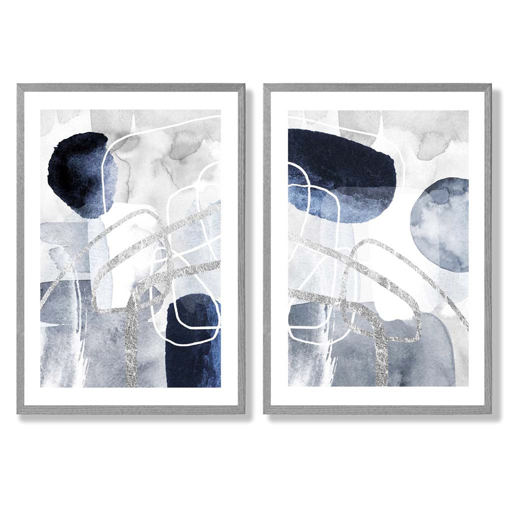 Set aus 2 gerahmten Kunstdrucken mit abstrakten Formen in Blau und Silber