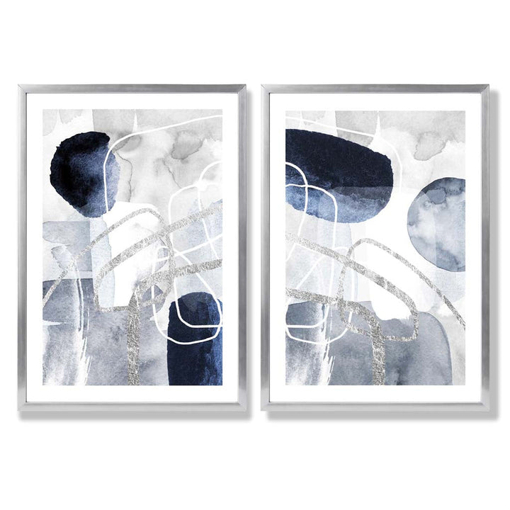 Set aus 2 gerahmten Kunstdrucken mit abstrakten Formen in Blau und Silber