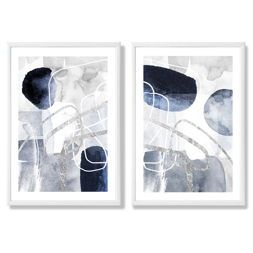 Set aus 2 gerahmten Kunstdrucken mit abstrakten Formen in Blau und Silber