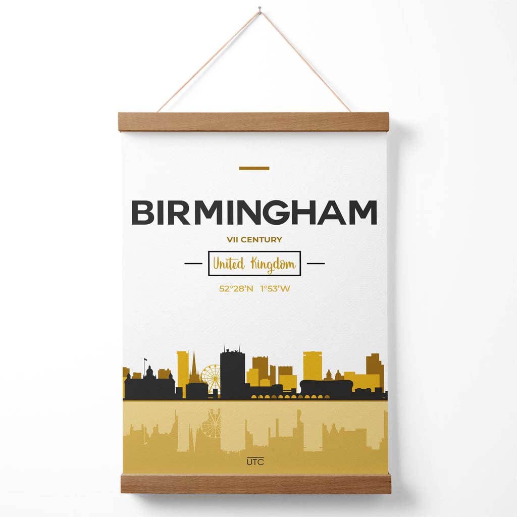 Birmingham-Stadtansicht-Poster in Gelb und Schwarz mit Aufhänger