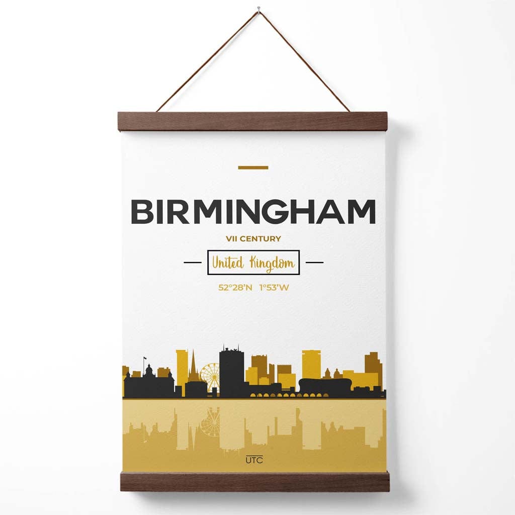 Birmingham-Stadtansicht-Poster in Gelb und Schwarz mit Aufhänger