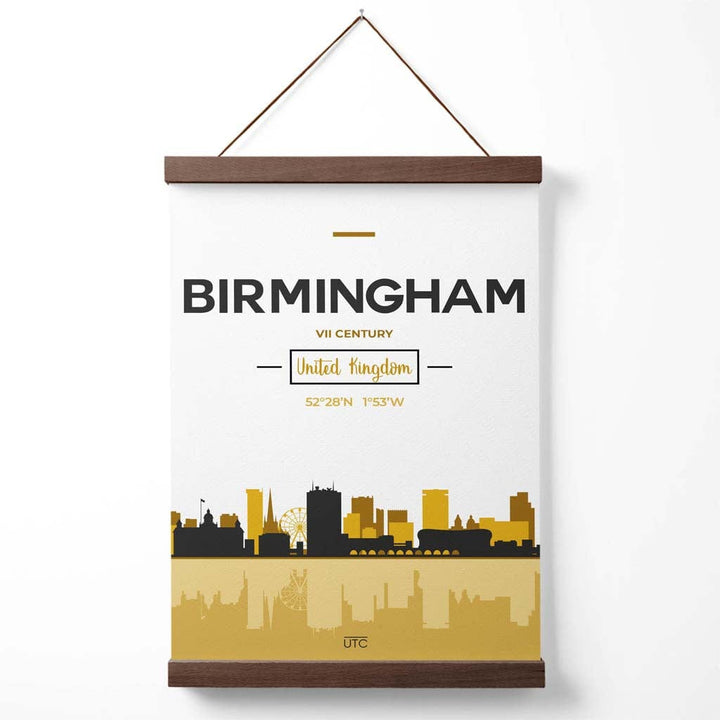 Birmingham-Stadtansicht-Poster in Gelb und Schwarz mit Aufhänger