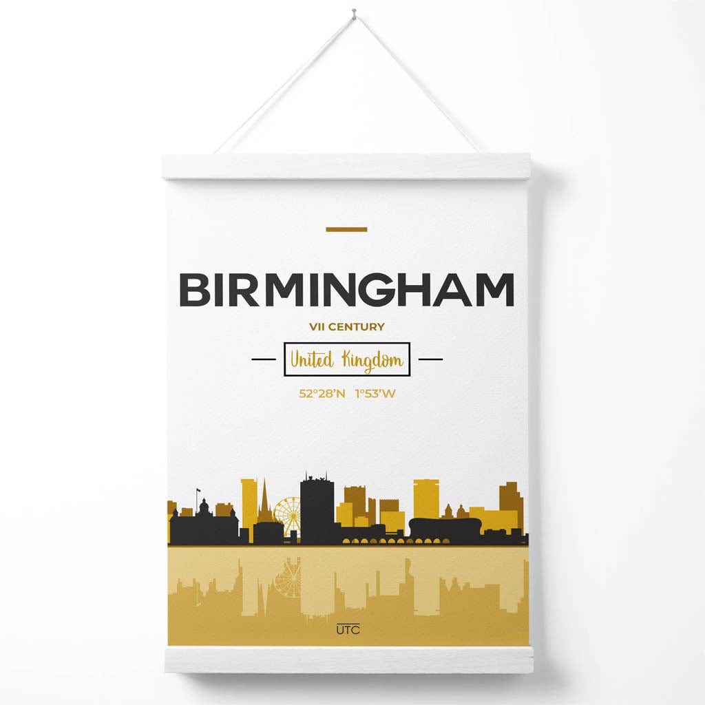 Birmingham-Stadtansicht-Poster in Gelb und Schwarz mit Aufhänger
