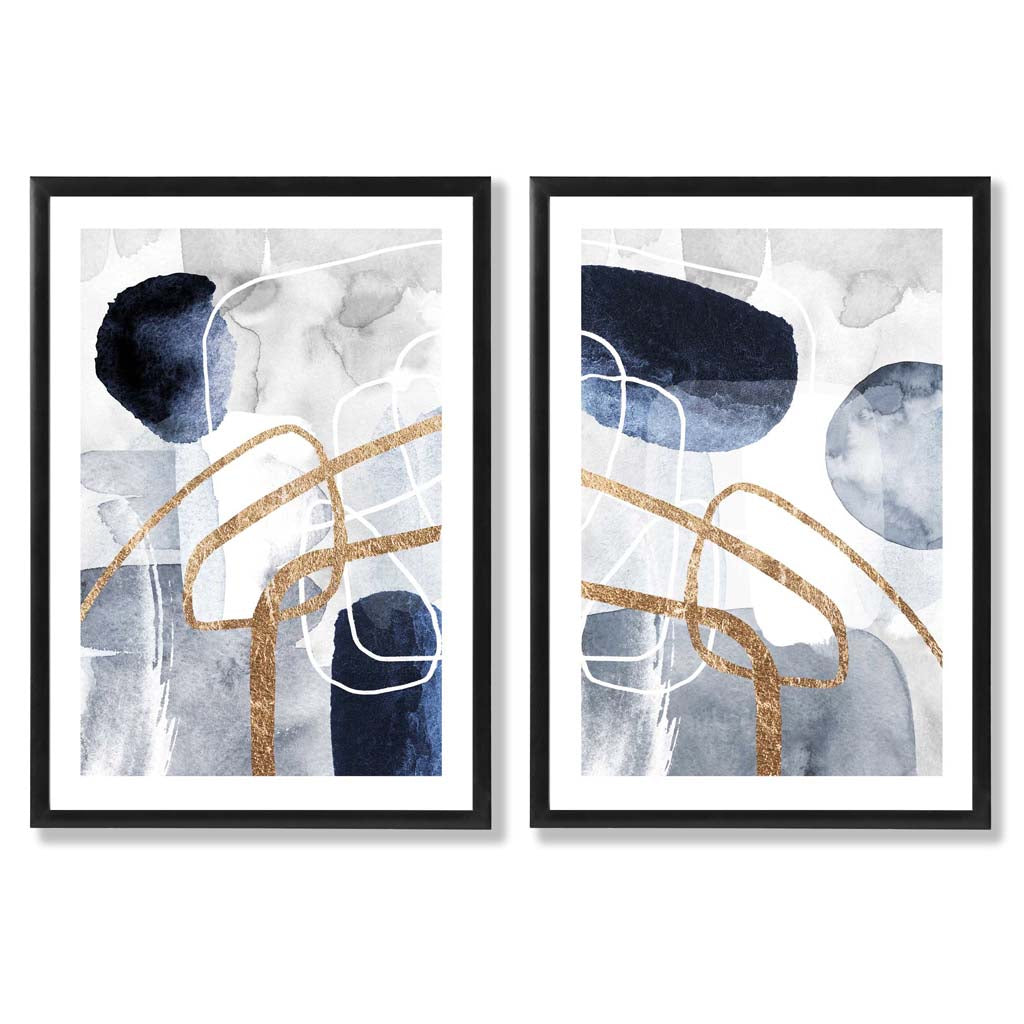 Set mit 2 Kunstdrucken im abstrakten Rahmendesign in Blau und Gold