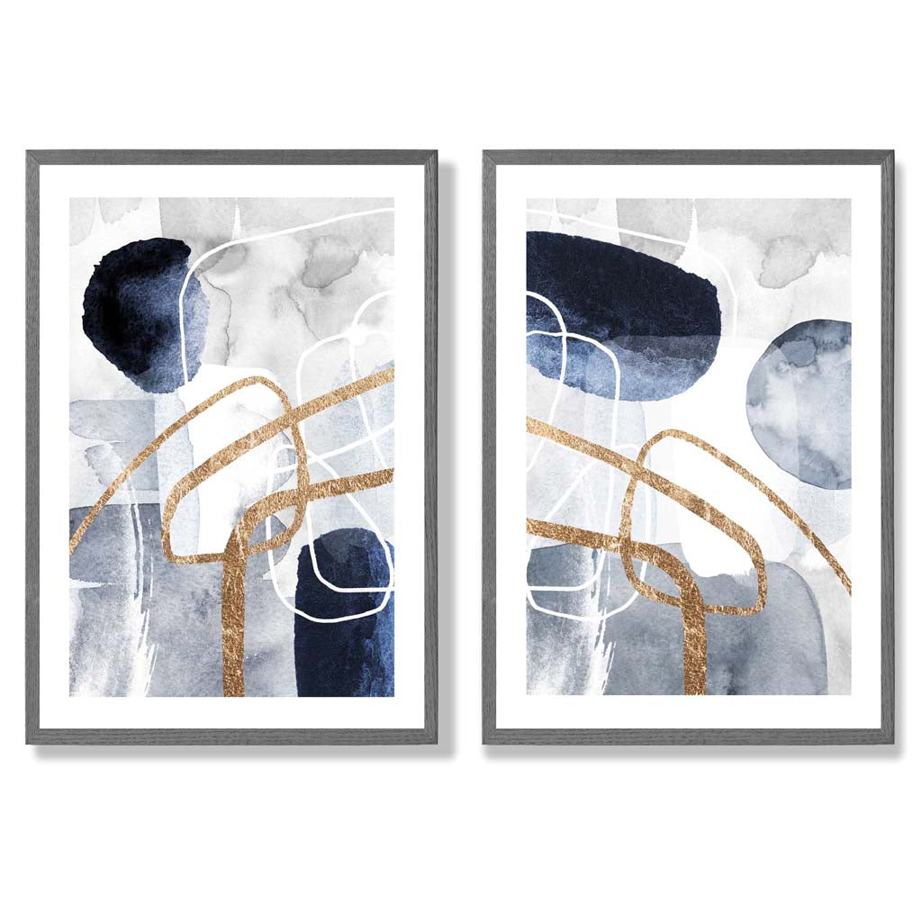 Set mit 2 Kunstdrucken im abstrakten Rahmendesign in Blau und Gold