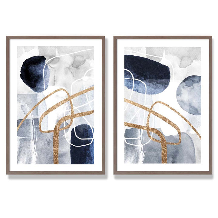 Set mit 2 Kunstdrucken im abstrakten Rahmendesign in Blau und Gold