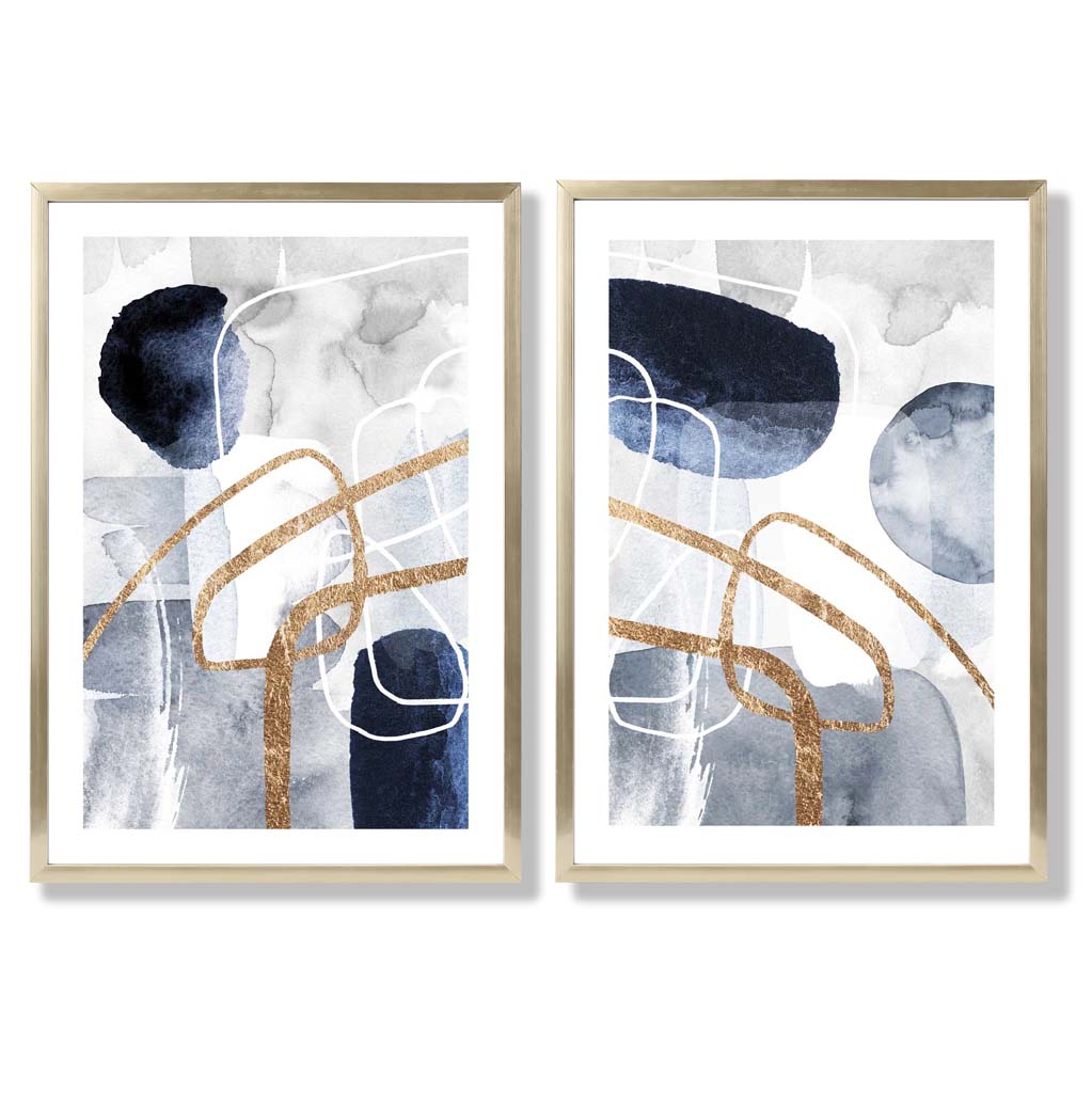 Set mit 2 Kunstdrucken im abstrakten Rahmendesign in Blau und Gold