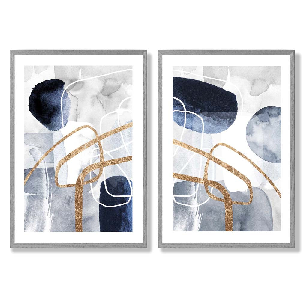 Set mit 2 Kunstdrucken im abstrakten Rahmendesign in Blau und Gold