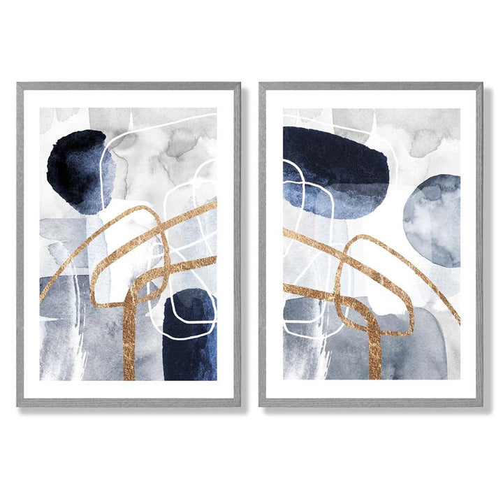 Set mit 2 Kunstdrucken im abstrakten Rahmendesign in Blau und Gold