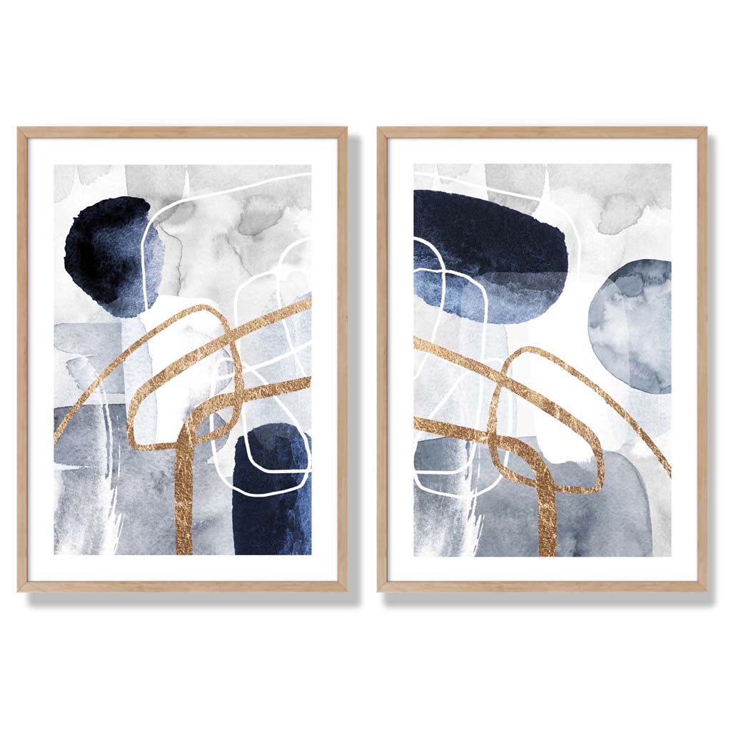 Set mit 2 Kunstdrucken im abstrakten Rahmendesign in Blau und Gold