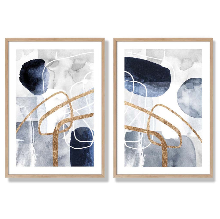 Set mit 2 Kunstdrucken im abstrakten Rahmendesign in Blau und Gold