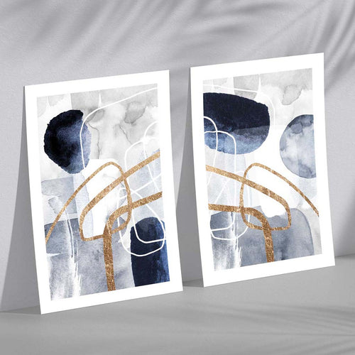 Set aus 2 Kunstdrucken mit abstrakten Formen in Blau und Gold