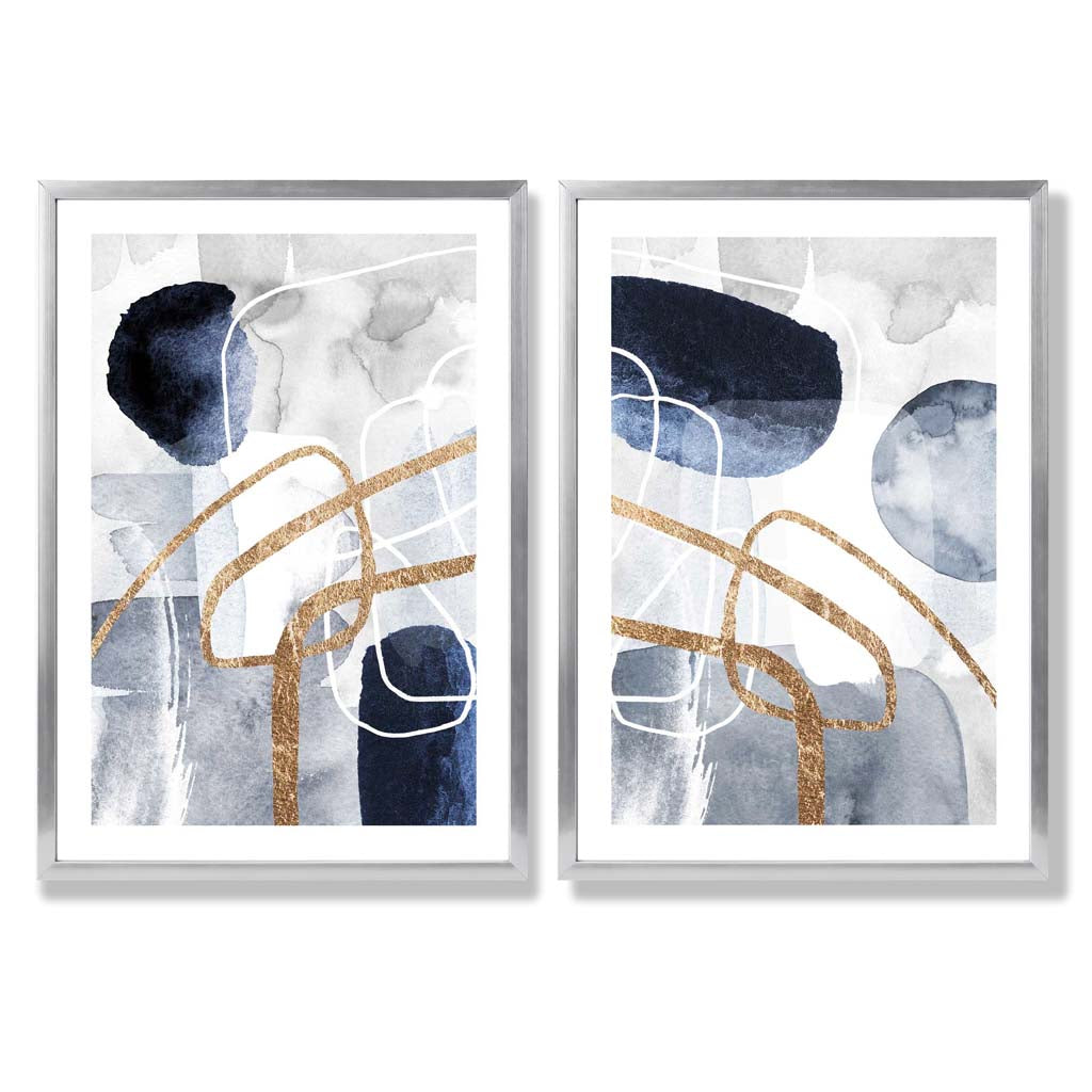 Set mit 2 Kunstdrucken im abstrakten Rahmendesign in Blau und Gold