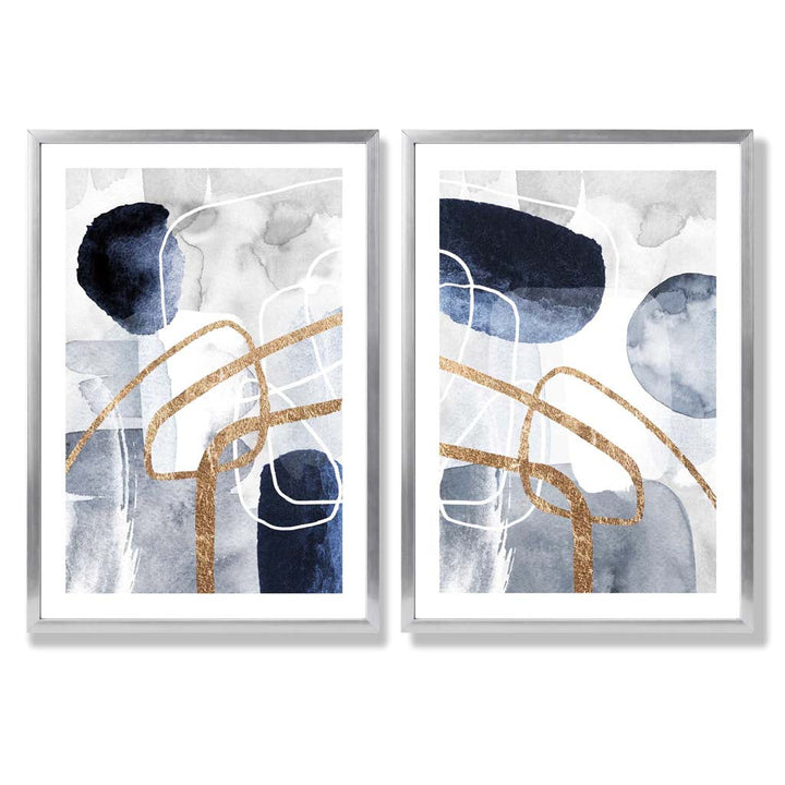 Set mit 2 Kunstdrucken im abstrakten Rahmendesign in Blau und Gold