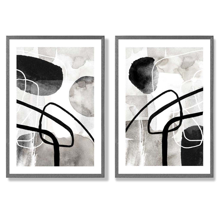 Schwarze und graue abstrakte Formen, gerahmtes 2er-Set Kunstdrucke
