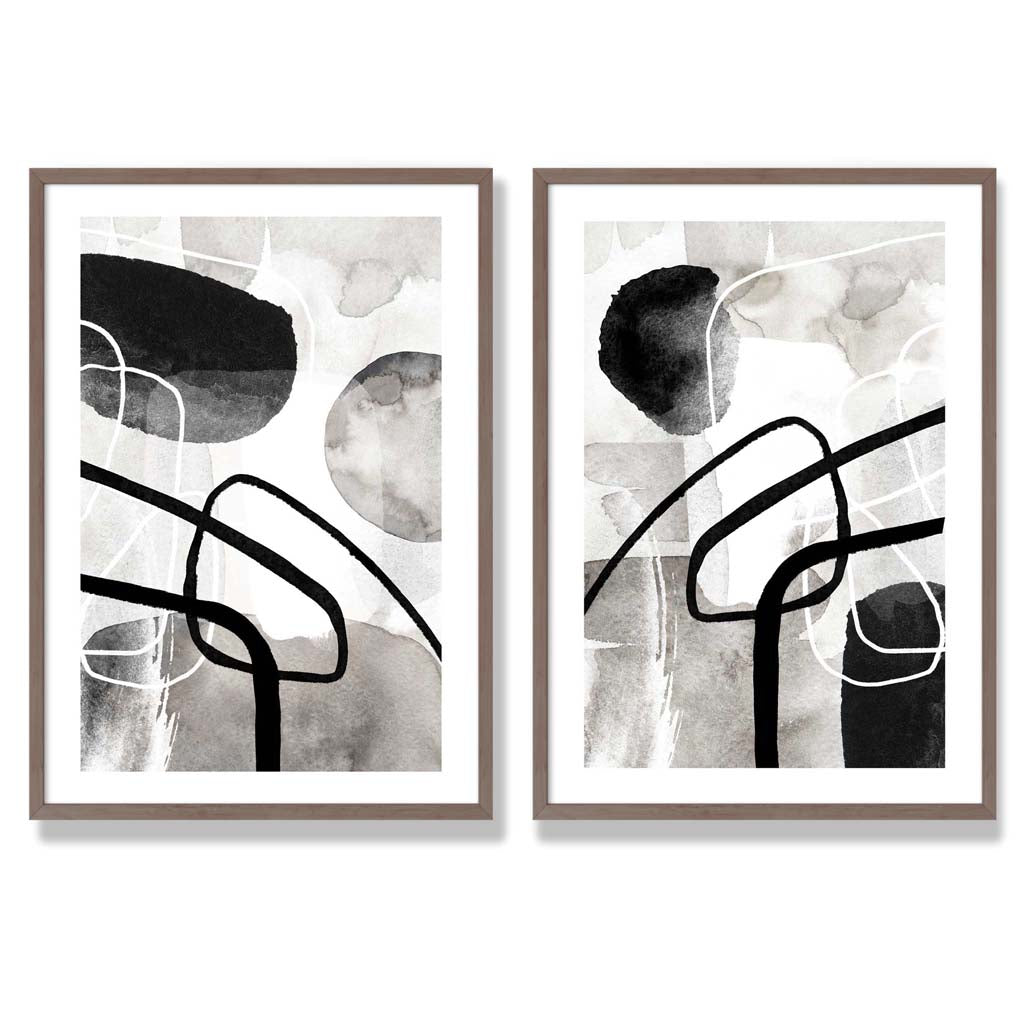 Schwarze und graue abstrakte Formen, gerahmtes 2er-Set Kunstdrucke