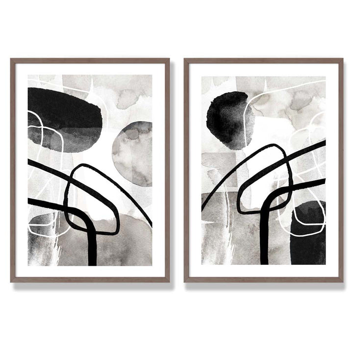Schwarze und graue abstrakte Formen, gerahmtes 2er-Set Kunstdrucke
