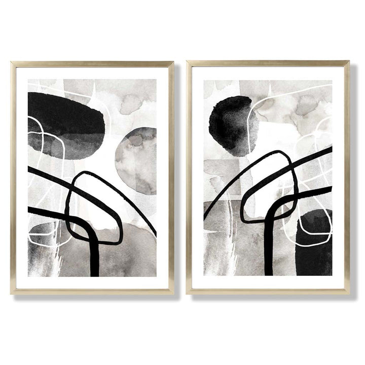 Schwarze und graue abstrakte Formen, gerahmtes 2er-Set Kunstdrucke