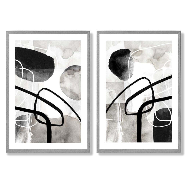 Schwarze und graue abstrakte Formen, gerahmtes 2er-Set Kunstdrucke