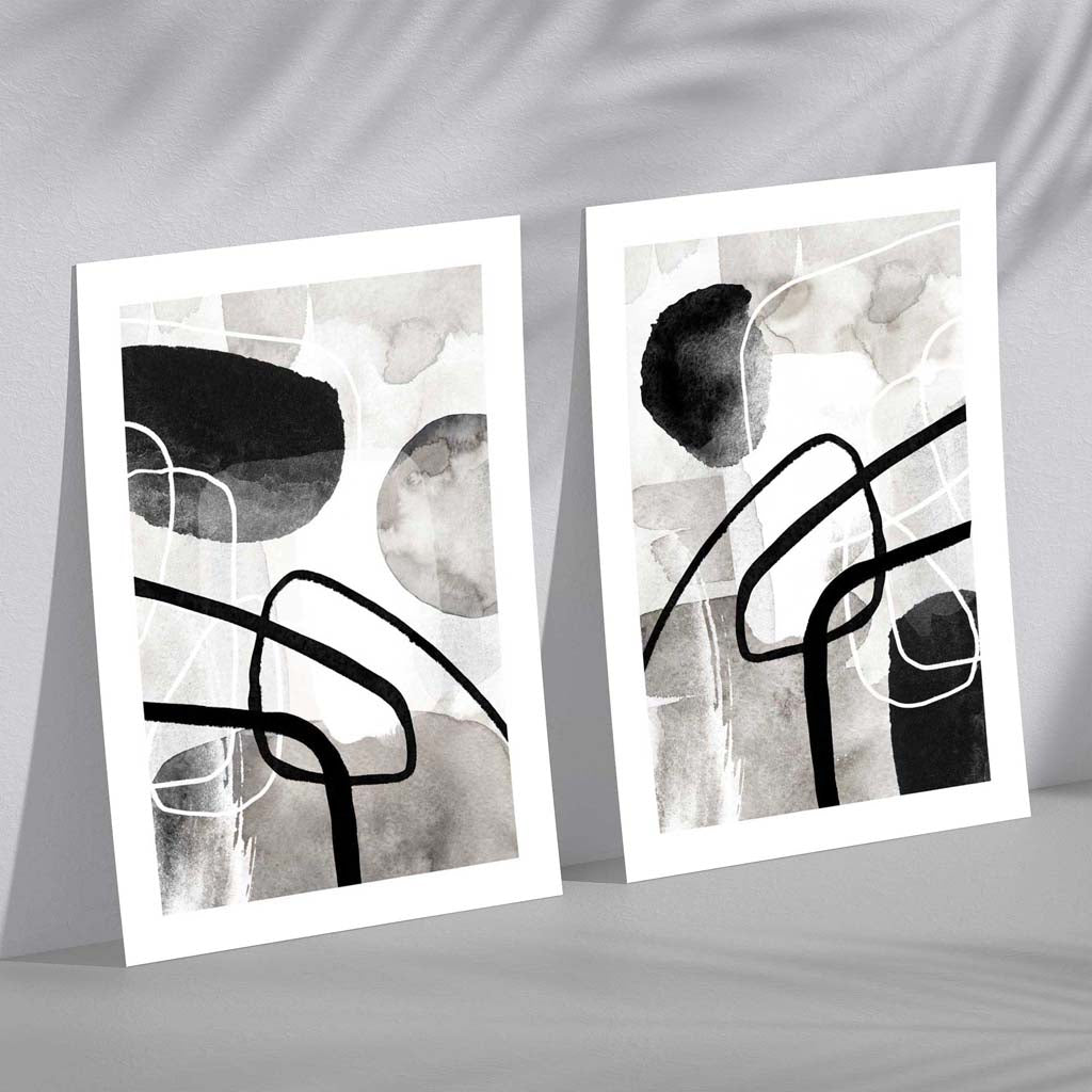 Schwarze und graue abstrakte Formen, gerahmtes 2er-Set Kunstdrucke