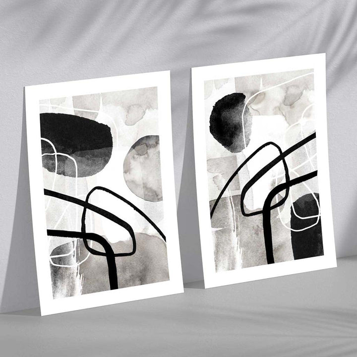 Schwarze und graue abstrakte Formen, gerahmtes 2er-Set Kunstdrucke