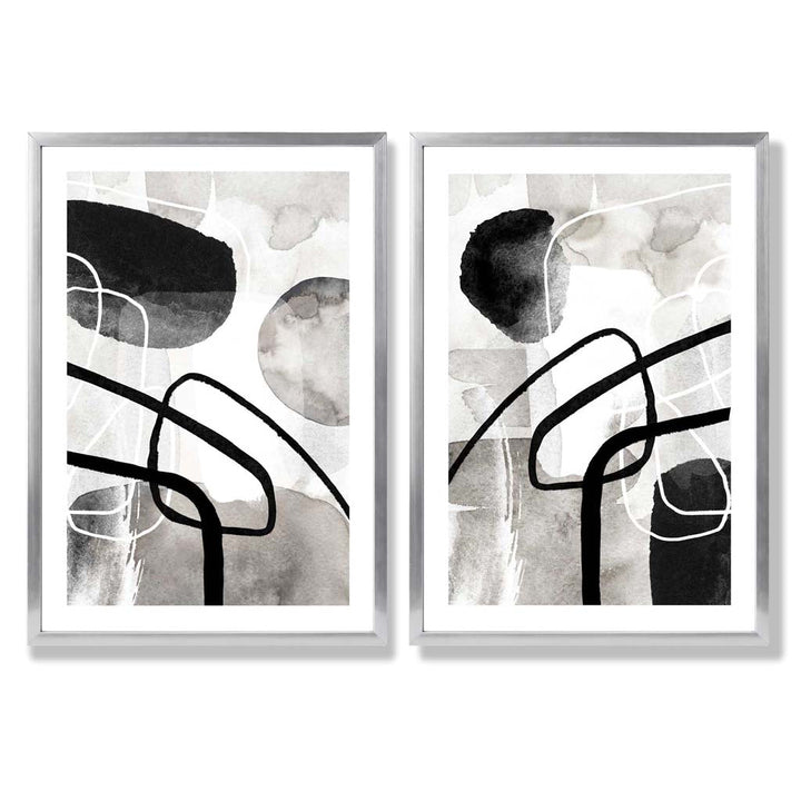 Schwarze und graue abstrakte Formen, gerahmtes 2er-Set Kunstdrucke