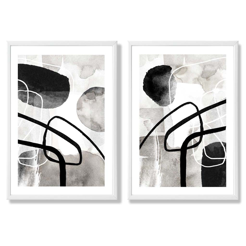 Schwarze und graue abstrakte Formen, gerahmtes 2er-Set Kunstdrucke