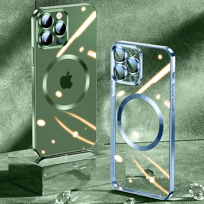Galvanisierte, kabellose magnetische Ladehülle mit integriertem Objektiv für iPhone