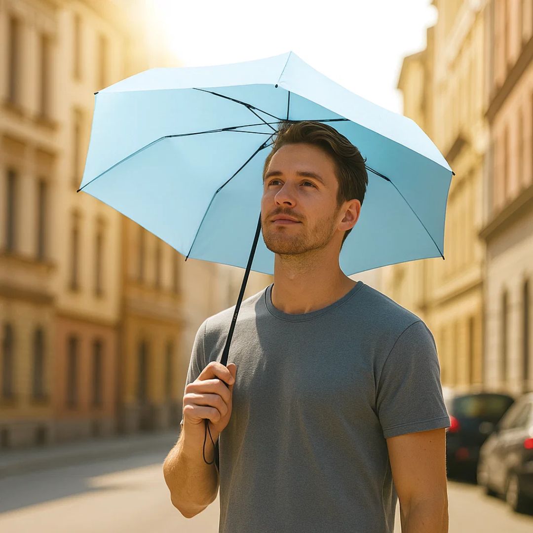 UrbanBrolly | Mini faltbarer Regenschirm UV – Sonnenschutz UPF 50+ – Wasserabweisend – Leicht und taschenfreundlich für die Reise Nutzung Karnz