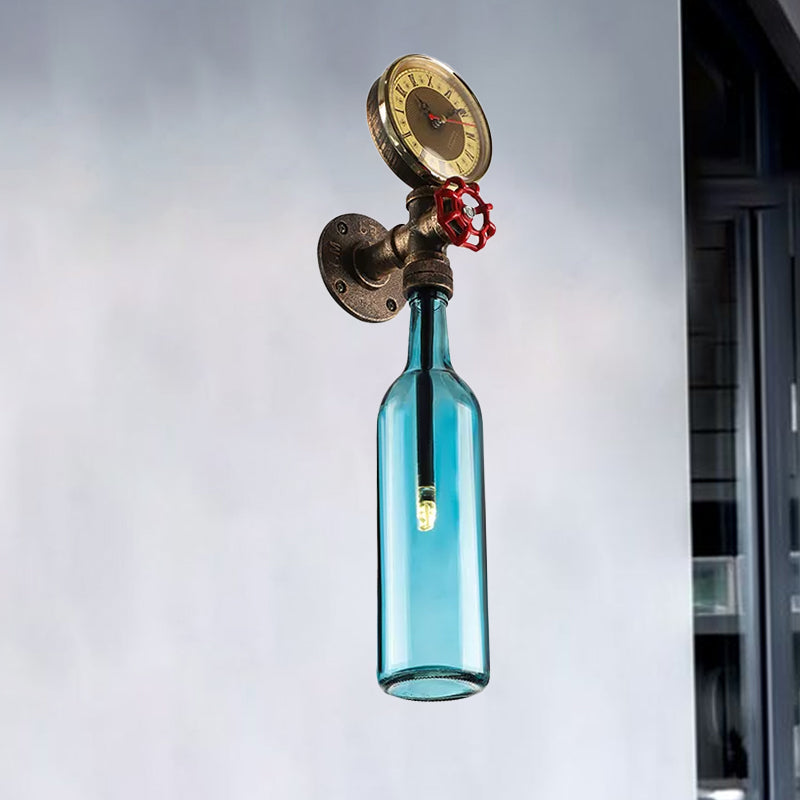Braune/Blaue Flaschen Wandleuchte Lampe Vintage Stilvolle Glas 1 Glühbirne Wohnzimmer Wandbeleuchtung mit Manometer und Ventil