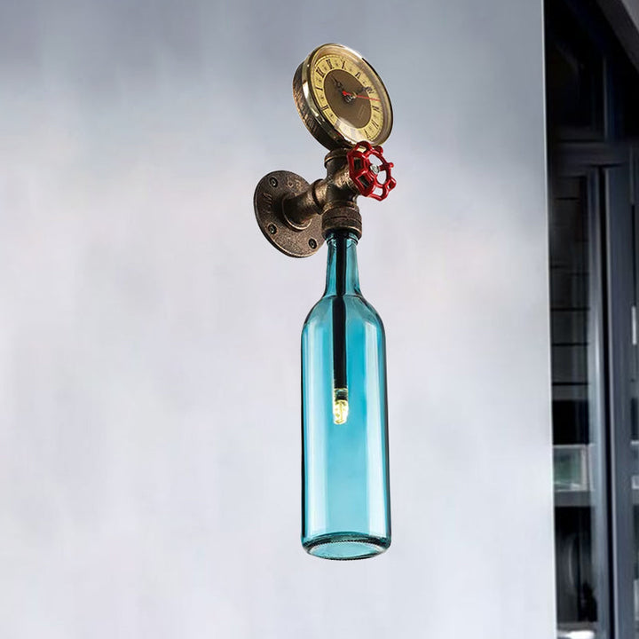 Braune/Blaue Flaschen Wandleuchte Lampe Vintage Stilvolle Glas 1 Glühbirne Wohnzimmer Wandbeleuchtung mit Manometer und Ventil
