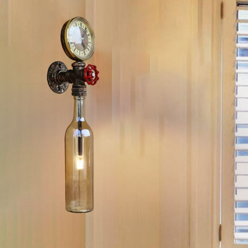 Braune/Blaue Flaschen Wandleuchte Lampe Vintage Stilvolle Glas 1 Glühbirne Wohnzimmer Wandbeleuchtung mit Manometer und Ventil