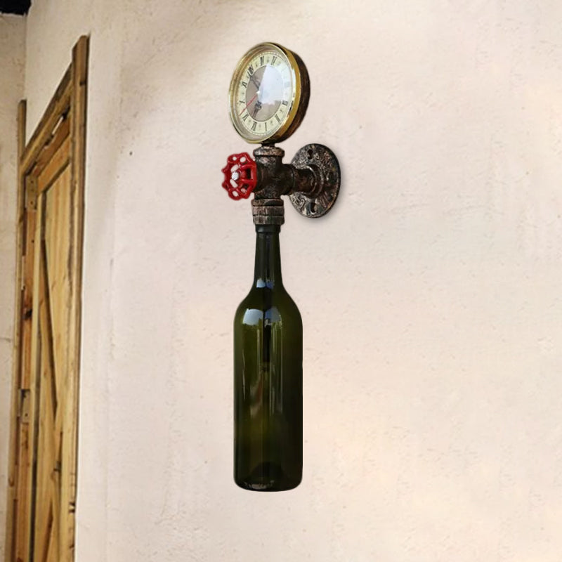 Braune/Blaue Flaschen Wandleuchte Lampe Vintage Stilvolle Glas 1 Glühbirne Wohnzimmer Wandbeleuchtung mit Manometer und Ventil