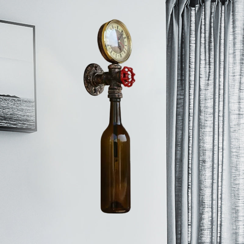 Braune/Blaue Flaschen Wandleuchte Lampe Vintage Stilvolle Glas 1 Glühbirne Wohnzimmer Wandbeleuchtung mit Manometer und Ventil