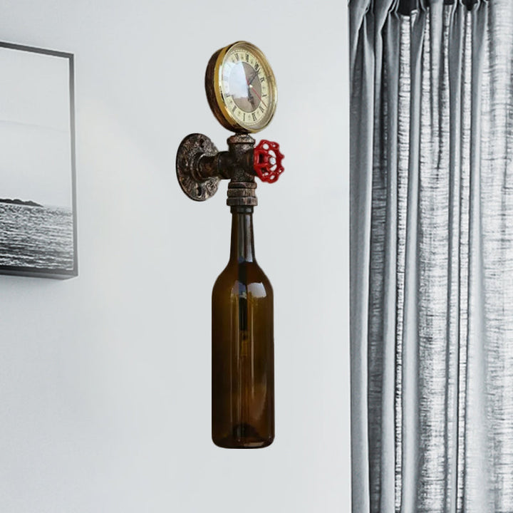 Braune/Blaue Flaschen Wandleuchte Lampe Vintage Stilvolle Glas 1 Glühbirne Wohnzimmer Wandbeleuchtung mit Manometer und Ventil