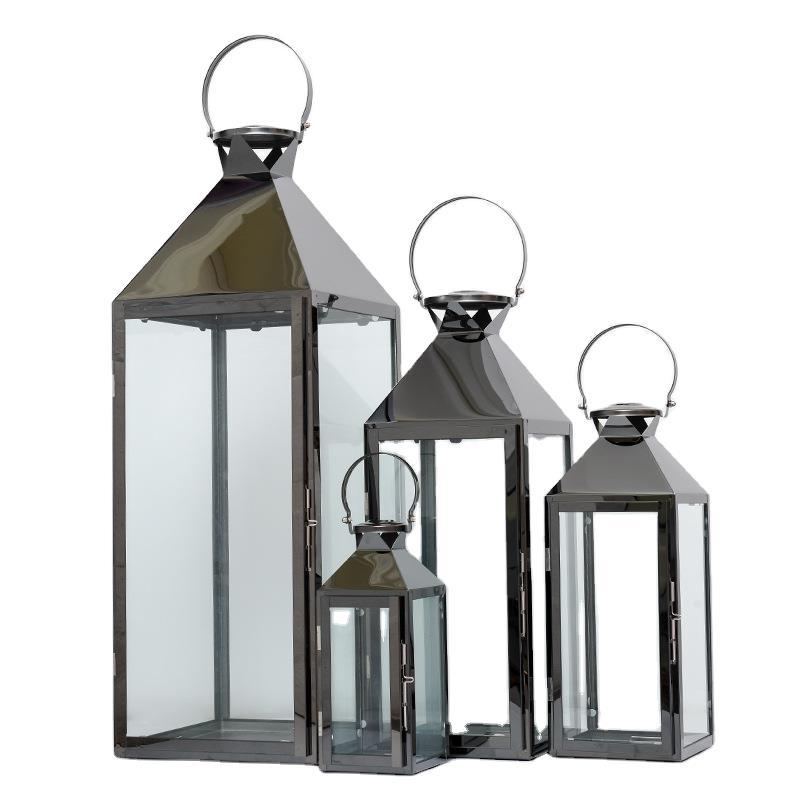 Edelstahl Glas Hurrikan Laterne Set mit schwenkbarem Tür und Tragegriff oben Karnz