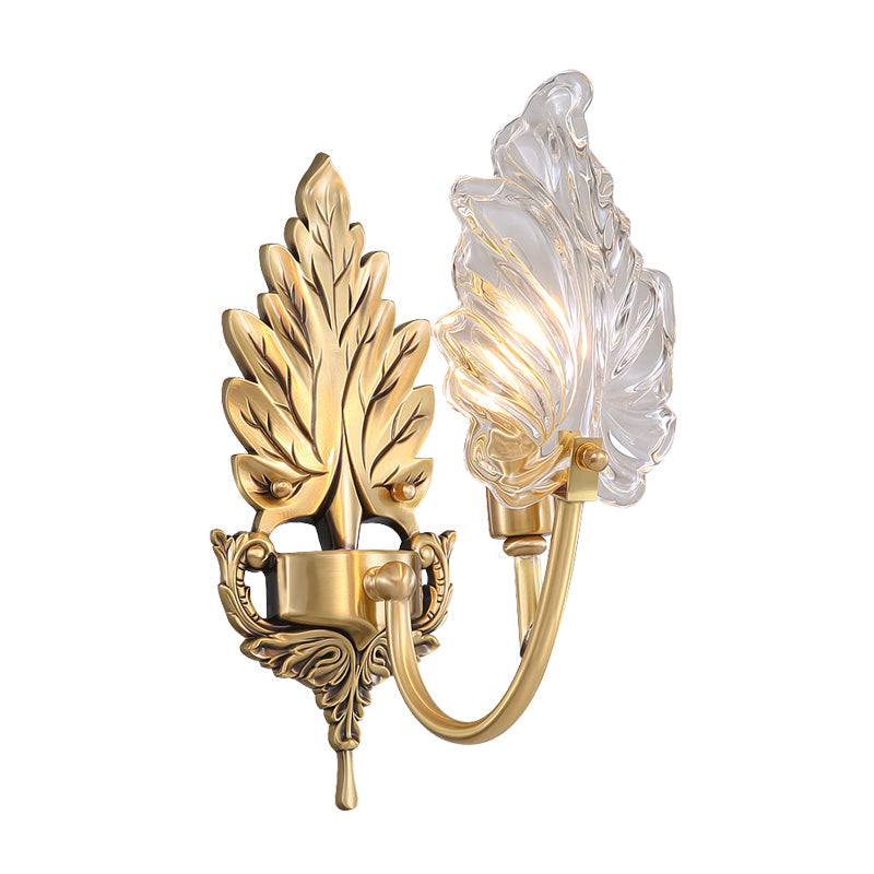 Karnz | Traditionelle Palmblatt Wandleuchte 1/2 Lichter Klarglas Wandbeleuchtung Idee mit gewölbtem Arm aus Messing