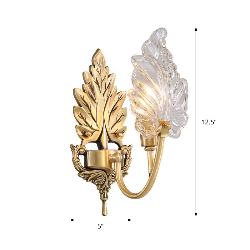 Karnz | Traditionelle Palmblatt Wandleuchte 1/2 Lichter Klarglas Wandbeleuchtung Idee mit gewölbtem Arm aus Messing