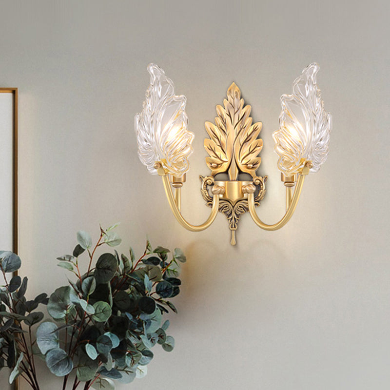 Karnz | Traditionelle Palmblatt Wandleuchte 1/2 Lichter Klarglas Wandbeleuchtung Idee mit gewölbtem Arm aus Messing
