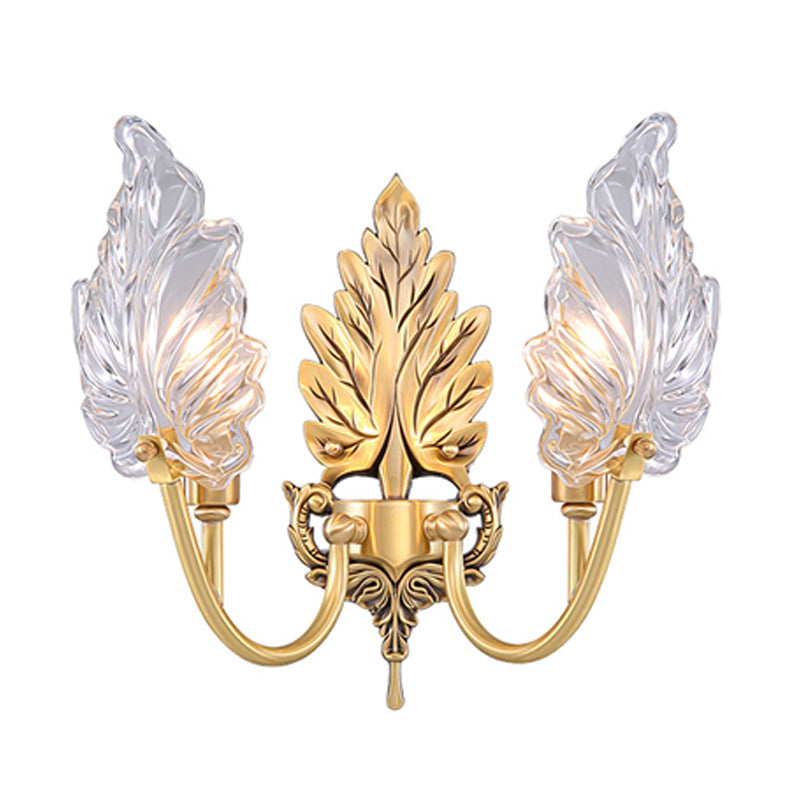 Karnz | Traditionelle Palmblatt Wandleuchte 1/2 Lichter Klarglas Wandbeleuchtung Idee mit gewölbtem Arm aus Messing