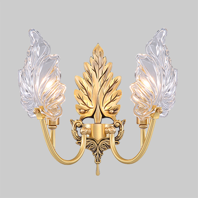 Karnz | Traditionelle Palmblatt Wandleuchte 1/2 Lichter Klarglas Wandbeleuchtung Idee mit gewölbtem Arm aus Messing