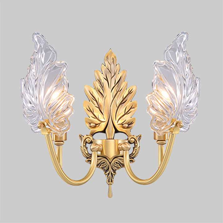Karnz | Traditionelle Palmblatt Wandleuchte 1/2 Lichter Klarglas Wandbeleuchtung Idee mit gewölbtem Arm aus Messing