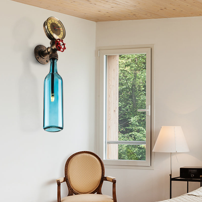 Braune/Blaue Flaschen Wandleuchte Lampe Vintage Stilvolle Glas 1 Glühbirne Wohnzimmer Wandbeleuchtung mit Manometer und Ventil