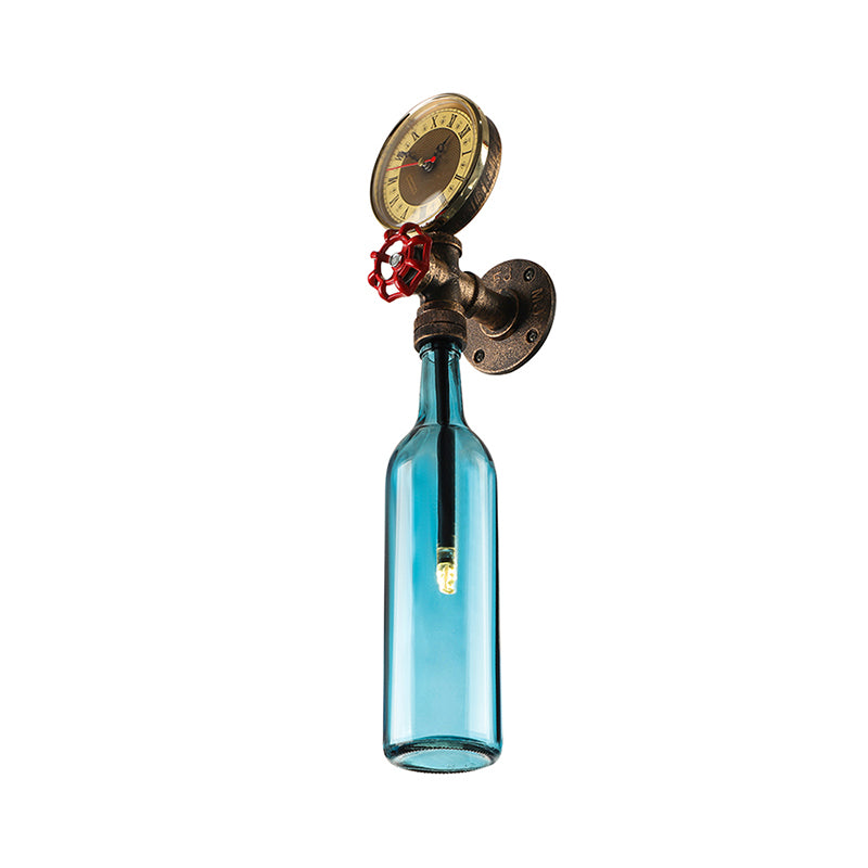 Braune/Blaue Flaschen Wandleuchte Lampe Vintage Stilvolle Glas 1 Glühbirne Wohnzimmer Wandbeleuchtung mit Manometer und Ventil