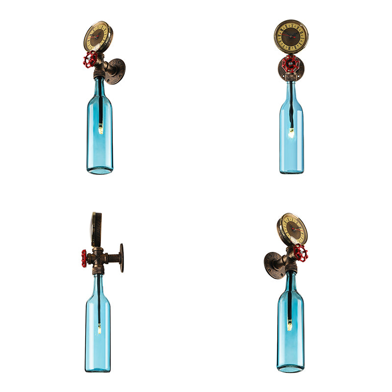 Braune/Blaue Flaschen Wandleuchte Lampe Vintage Stilvolle Glas 1 Glühbirne Wohnzimmer Wandbeleuchtung mit Manometer und Ventil