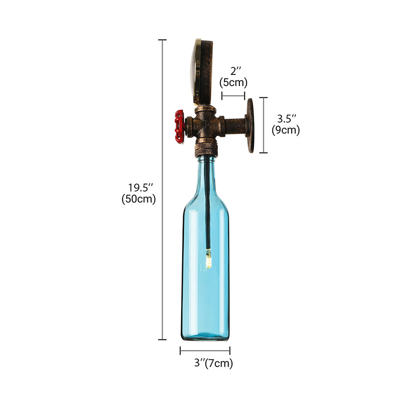 Braune/Blaue Flaschen Wandleuchte Lampe Vintage Stilvolle Glas 1 Glühbirne Wohnzimmer Wandbeleuchtung mit Manometer und Ventil